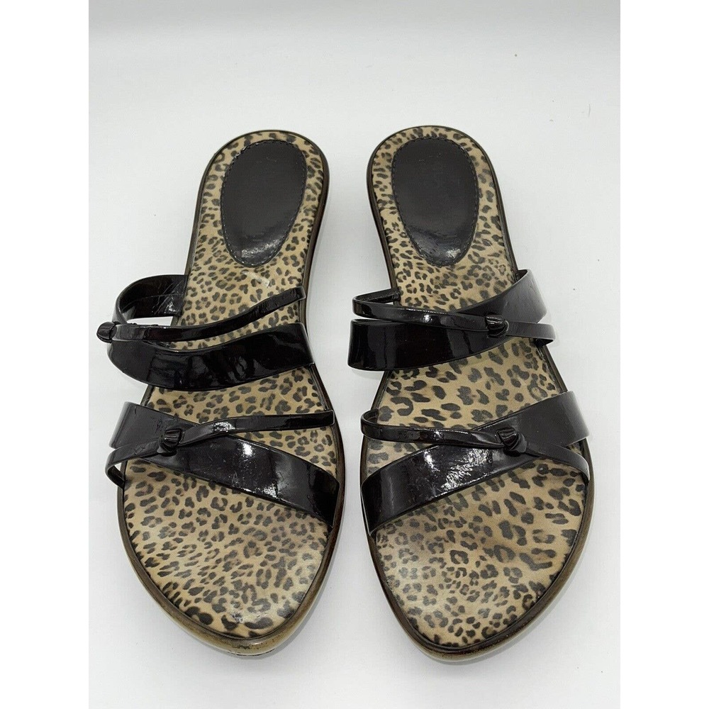 Mila Paoli Patent Synthetic‎ Dark Brown Black Animal Print Sandals Women's 9.5
